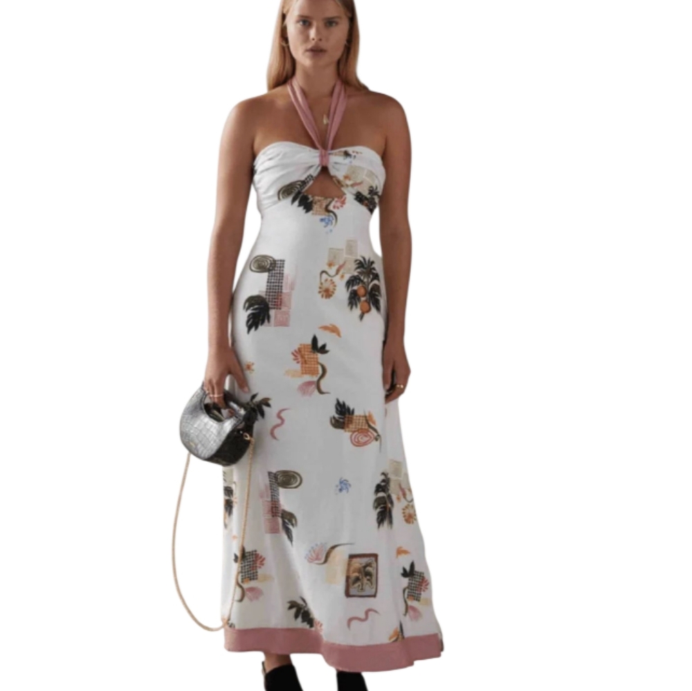 The Hallie Dress Valencia Print Halter Midi New With Tags Size Large Anthro